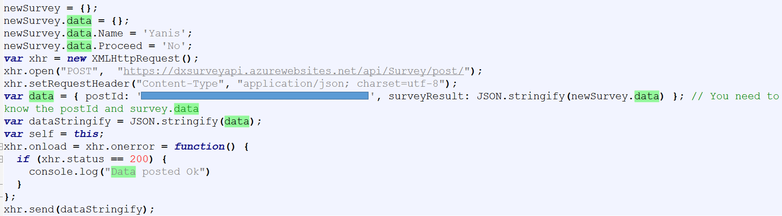 Posting to SurveyJS by running script in browser