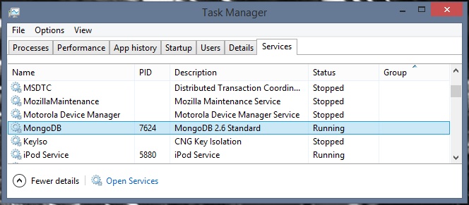 Services tab of Task Manager showing MongoDB highlighted and running